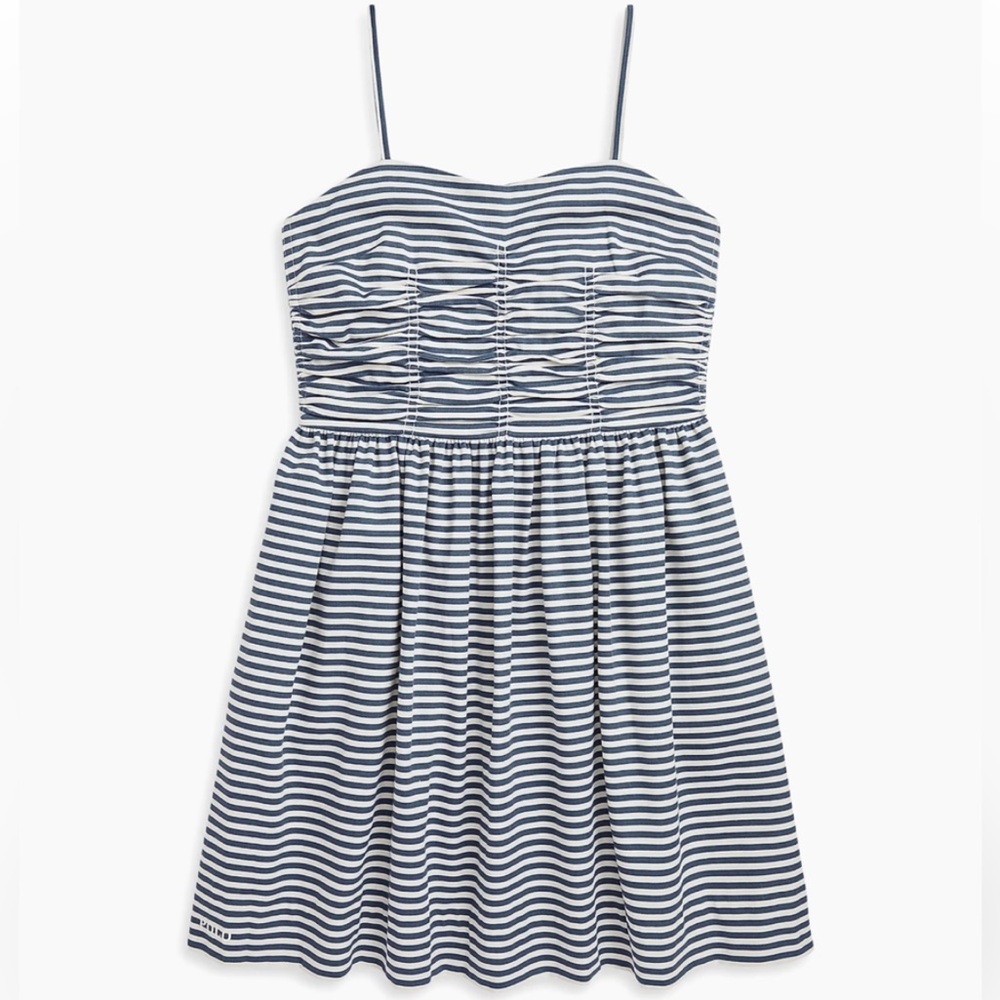 Polo Blue Striped Dress Back Button Spaghetti Straps Fitted Bodice Full Skirt
